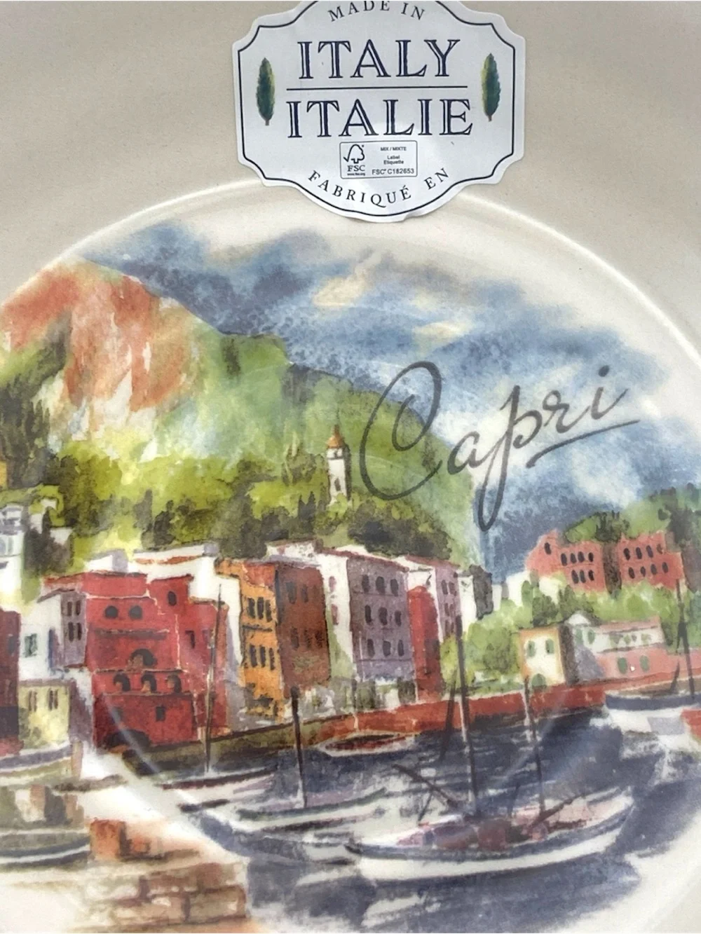 NWT Capri Italy Scenic Ceramic Coupe Bowl 9” Mediterranean Coastal Beach Decor